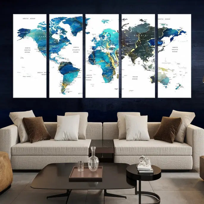 A hand-assembled, three-panel Watercolor World Map Wall Art Canvas Print in shades of blue and green adds a ready-to-hang touch of elegance to the living room.