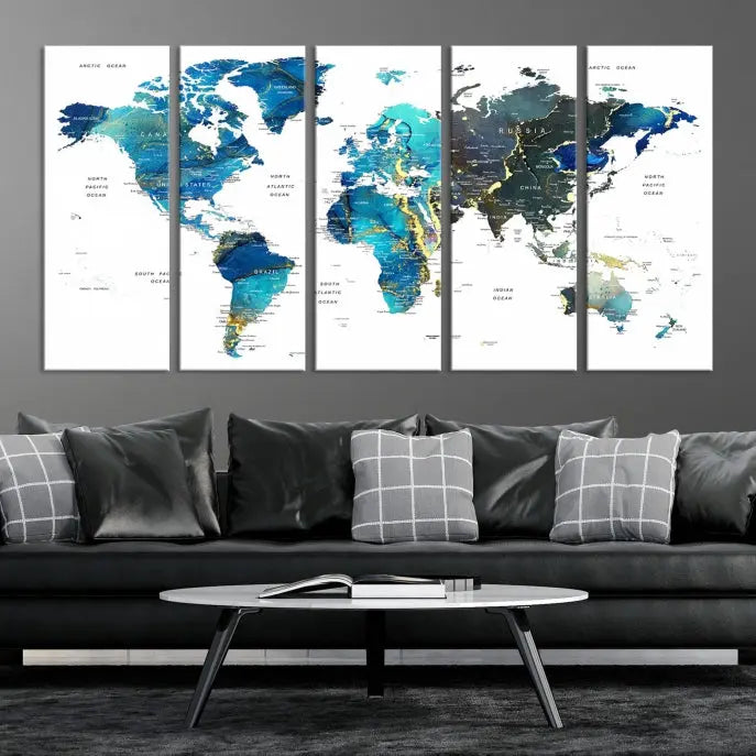 A hand-assembled, three-panel Watercolor World Map Wall Art Canvas Print in shades of blue and green adds a ready-to-hang touch of elegance to the living room.