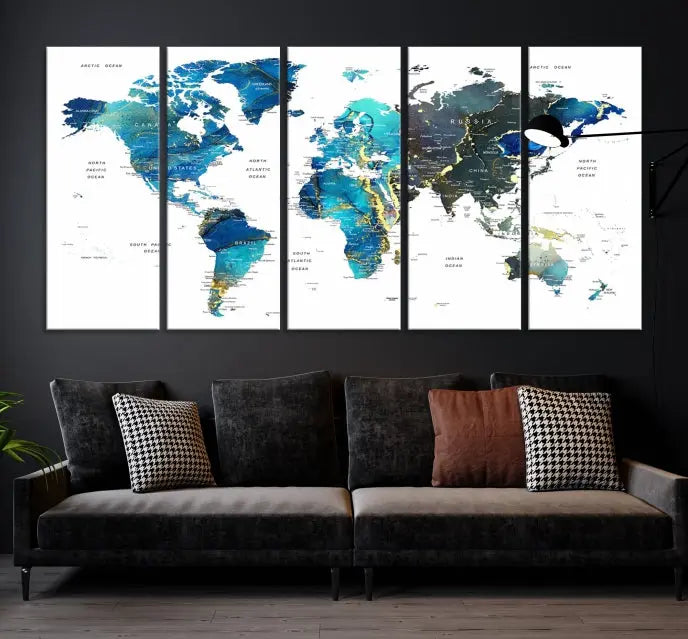 A hand-assembled, three-panel Watercolor World Map Wall Art Canvas Print in shades of blue and green adds a ready-to-hang touch of elegance to the living room.