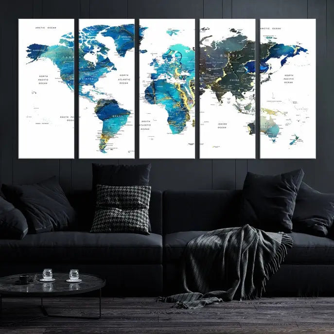 A hand-assembled, three-panel Watercolor World Map Wall Art Canvas Print in shades of blue and green adds a ready-to-hang touch of elegance to the living room.