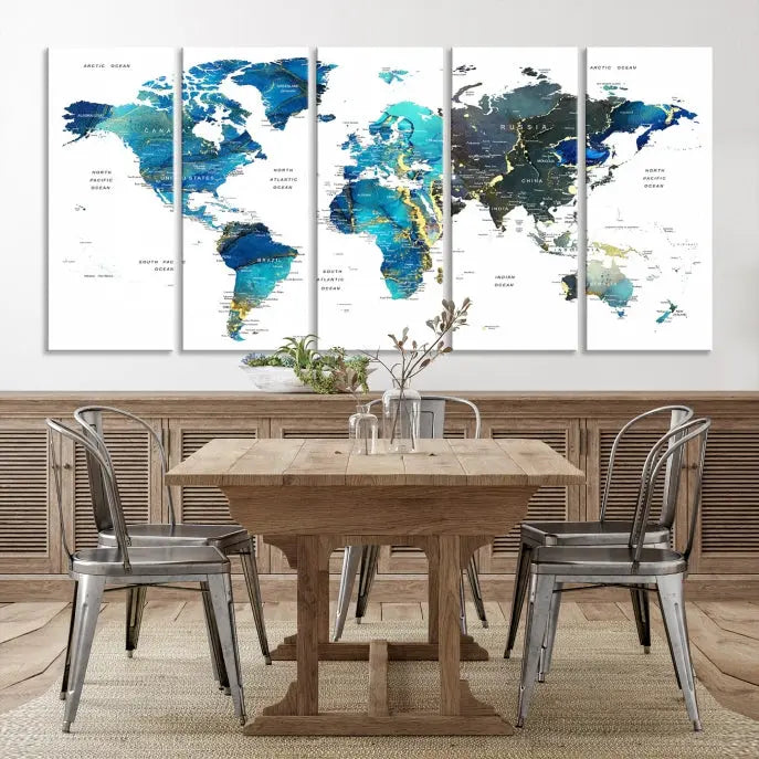 A hand-assembled, three-panel Watercolor World Map Wall Art Canvas Print in shades of blue and green adds a ready-to-hang touch of elegance to the living room.