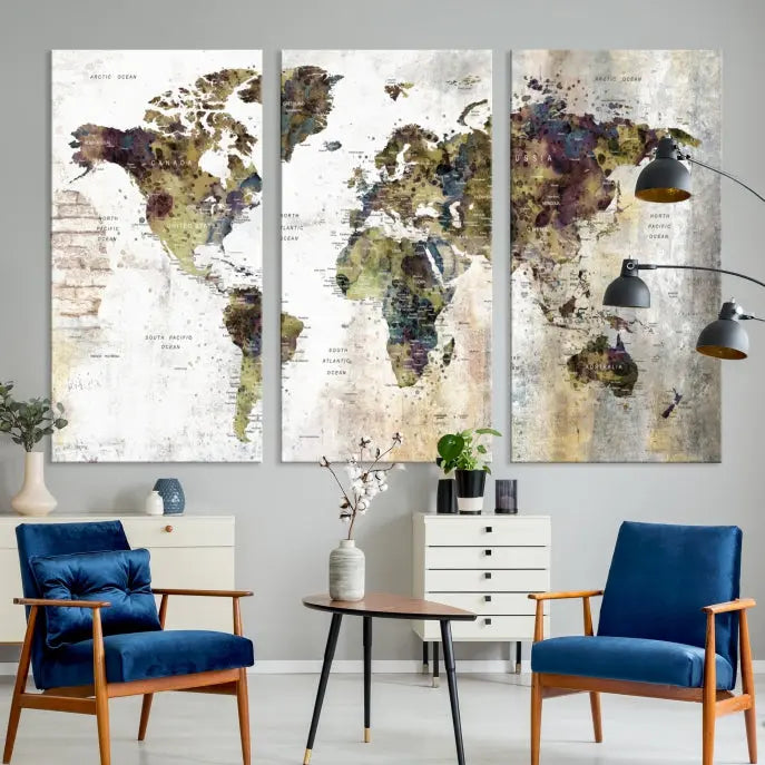 The Watercolor World Map Wall Art Canvas Print adorns the dark wall, creating a striking focal point.