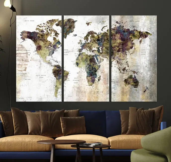 The Watercolor World Map Wall Art Canvas Print adorns the dark wall, creating a striking focal point.