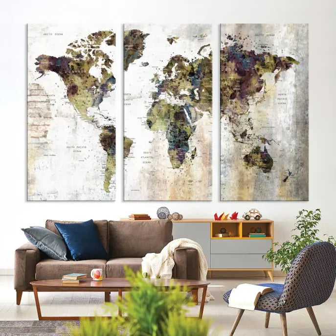 The Watercolor World Map Wall Art Canvas Print adorns the dark wall, creating a striking focal point.