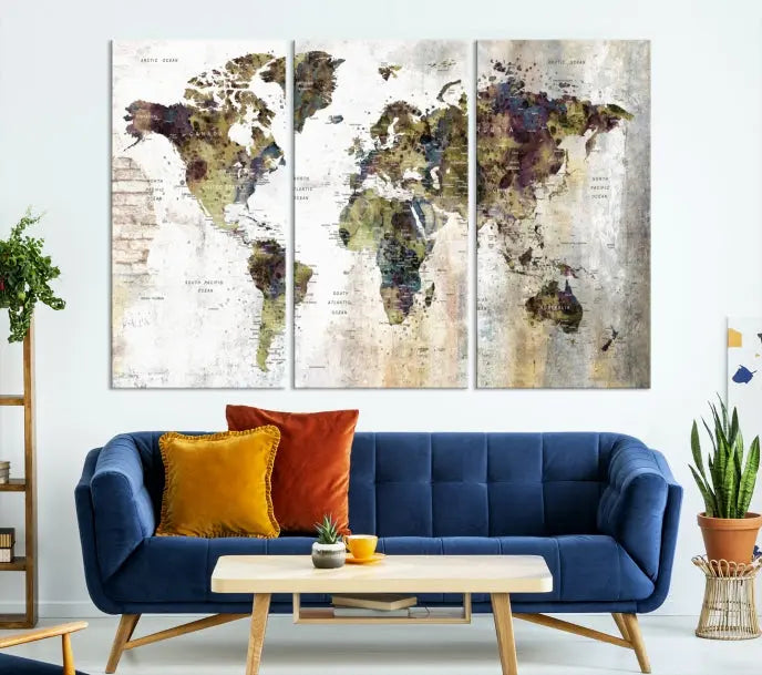 The Watercolor World Map Wall Art Canvas Print adorns the dark wall, creating a striking focal point.