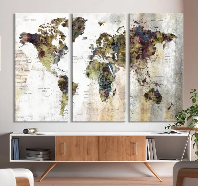 The Watercolor World Map Wall Art Canvas Print adorns the dark wall, creating a striking focal point.