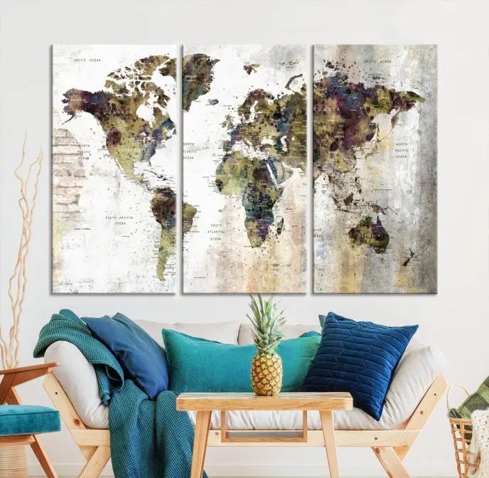 The Watercolor World Map Wall Art Canvas Print adorns the dark wall, creating a striking focal point.