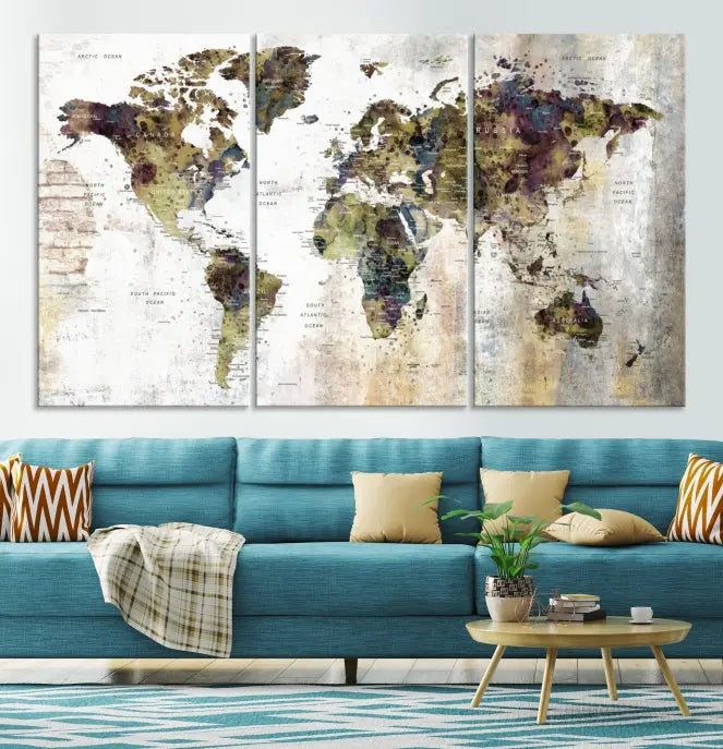 The Watercolor World Map Wall Art Canvas Print adorns the dark wall, creating a striking focal point.