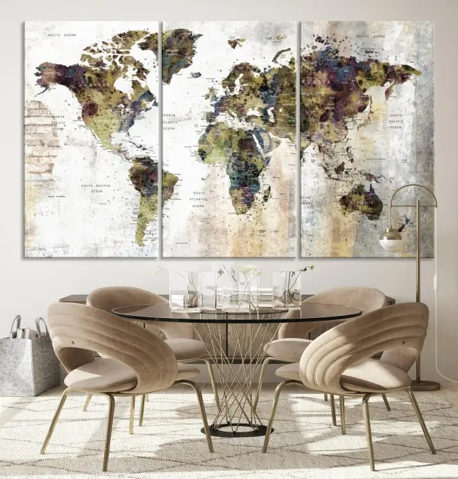 The Watercolor World Map Wall Art Canvas Print adorns the dark wall, creating a striking focal point.