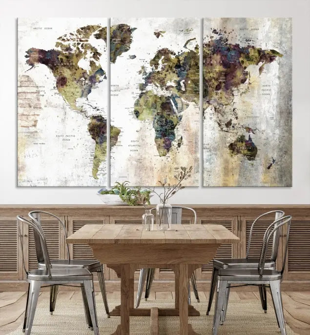 The Watercolor World Map Wall Art Canvas Print adorns the dark wall, creating a striking focal point.