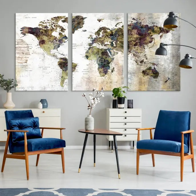 The Watercolor World Map Wall Art Canvas Print adorns the dark wall, creating a striking focal point.