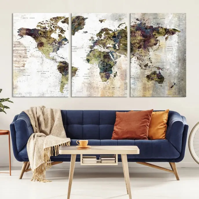 The Watercolor World Map Wall Art Canvas Print adorns the dark wall, creating a striking focal point.