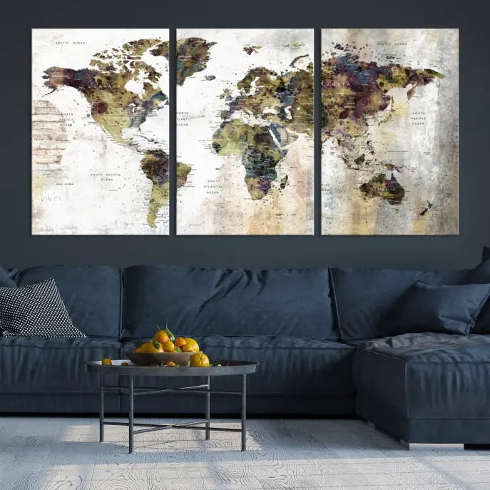 The Watercolor World Map Wall Art Canvas Print adorns the dark wall, creating a striking focal point.