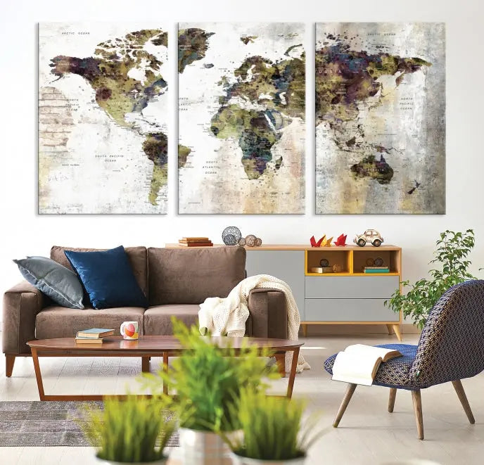 The Watercolor World Map Wall Art Canvas Print adorns the dark wall, creating a striking focal point.