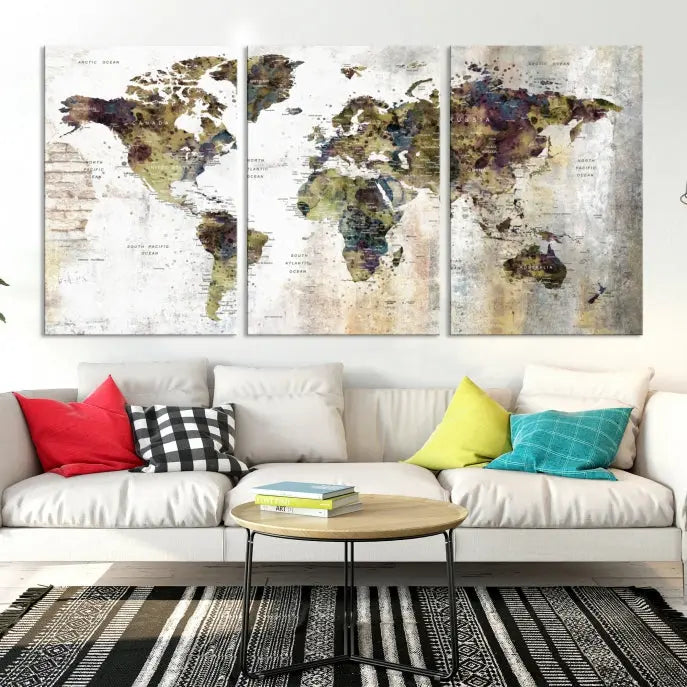 The Watercolor World Map Wall Art Canvas Print adorns the dark wall, creating a striking focal point.