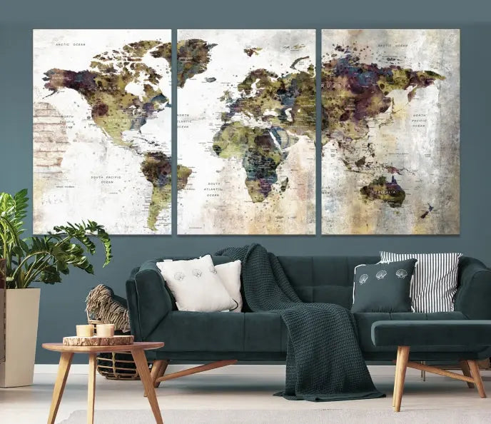 The Watercolor World Map Wall Art Canvas Print adorns the dark wall, creating a striking focal point.