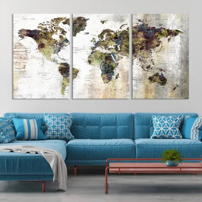 The Watercolor World Map Wall Art Canvas Print adorns the dark wall, creating a striking focal point.