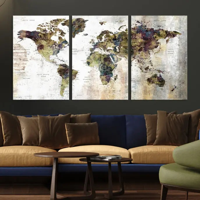 The Watercolor World Map Wall Art Canvas Print adorns the dark wall, creating a striking focal point.