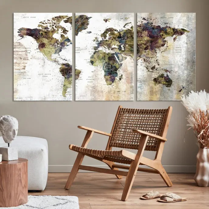 The Watercolor World Map Wall Art Canvas Print adorns the dark wall, creating a striking focal point.