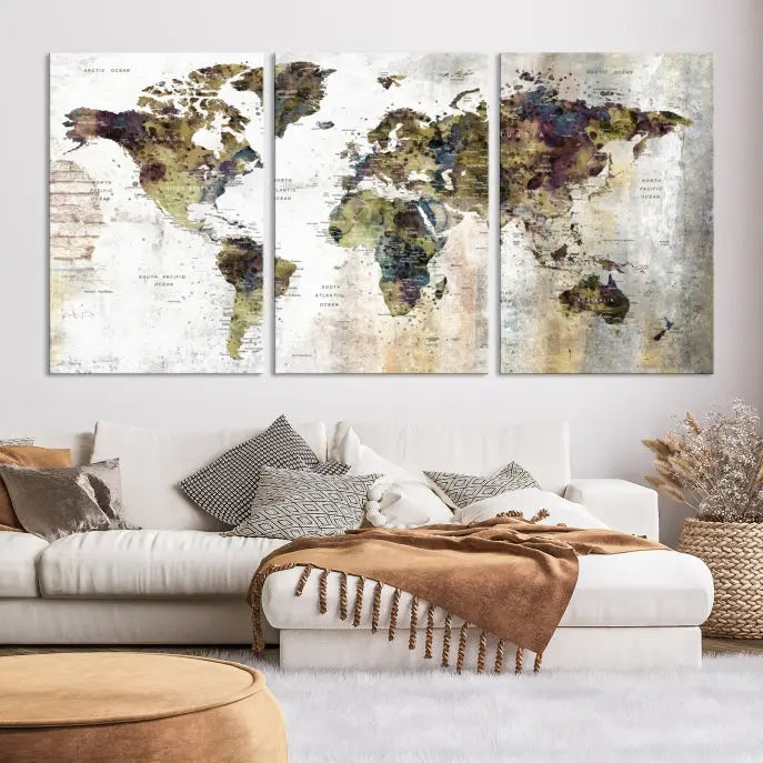 The Watercolor World Map Wall Art Canvas Print adorns the dark wall, creating a striking focal point.