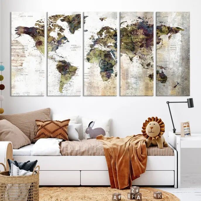 The Watercolor World Map Wall Art Canvas Print adorns the dark wall, creating a striking focal point.