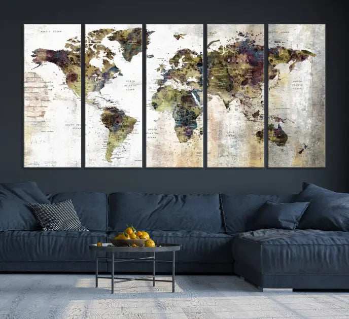 The Watercolor World Map Wall Art Canvas Print adorns the dark wall, creating a striking focal point.