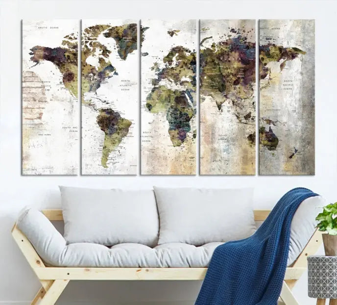 The Watercolor World Map Wall Art Canvas Print adorns the dark wall, creating a striking focal point.