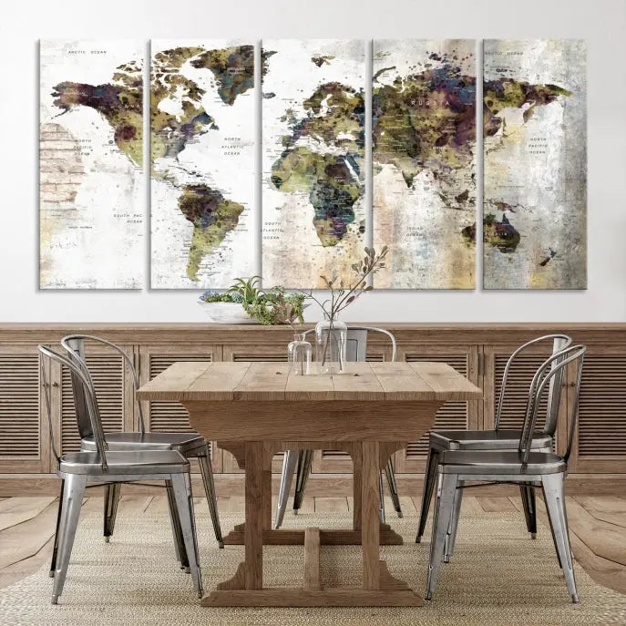 The Watercolor World Map Wall Art Canvas Print adorns the dark wall, creating a striking focal point.