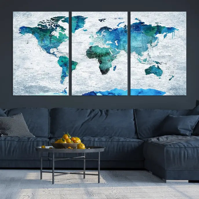 The "Watercolor World Map Wall Art Canvas Print," created on museum-quality canvas with a UV-protective coating, showcases blue and green shades. It offers ready-to-hang sophistication to enhance any room's aesthetic.