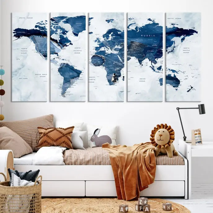 A beautifully gallery-wrapped Watercolor World Map Wall Art Canvas Print in dark blue hues hangs on the wall.