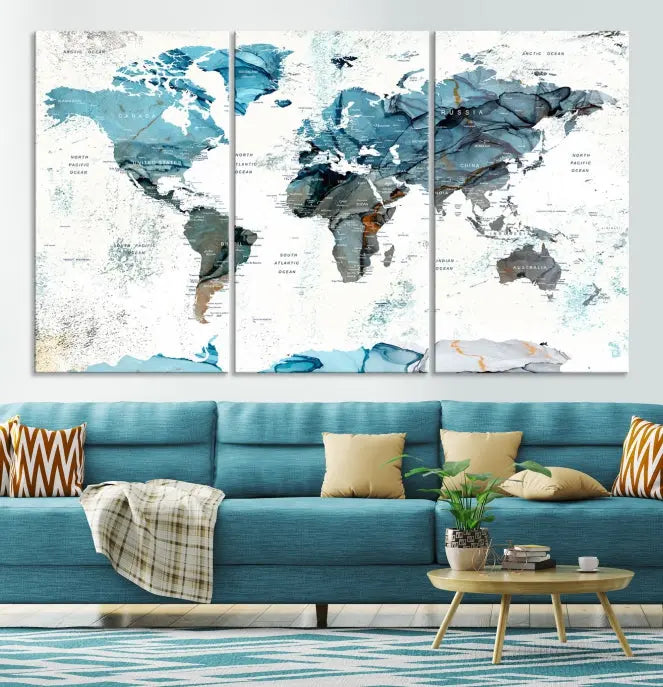 The Watercolor World Map Wall Art Canvas Print features a stunning triptych design on museum-quality canvases in shades of blue. Its gallery-wrapped presentation adds an elegant touch to the living room.