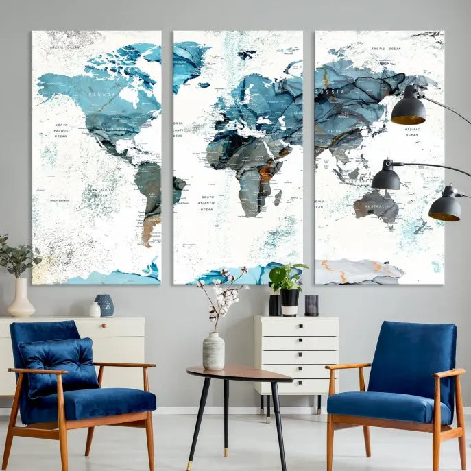 The Watercolor World Map Wall Art Canvas Print features a stunning triptych design on museum-quality canvases in shades of blue. Its gallery-wrapped presentation adds an elegant touch to the living room.