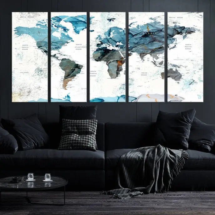 The Watercolor World Map Wall Art Canvas Print features a stunning triptych design on museum-quality canvases in shades of blue. Its gallery-wrapped presentation adds an elegant touch to the living room.