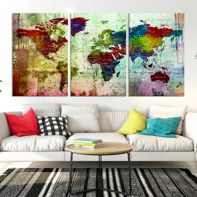 A vibrant Watercolor World Map Wall Art Canvas Print adorns the space above.