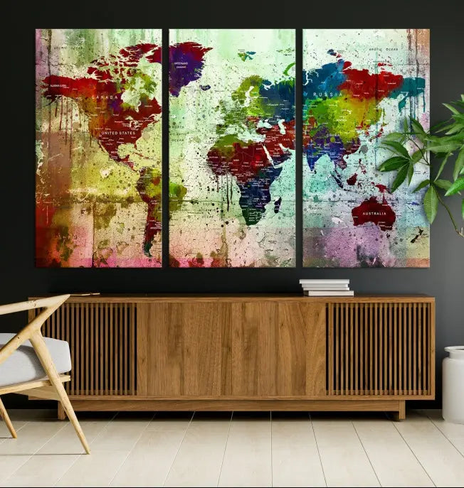 A vibrant Watercolor World Map Wall Art Canvas Print adorns the space above.