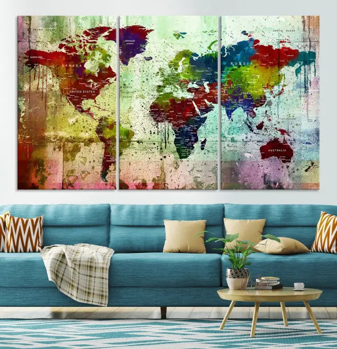 A vibrant Watercolor World Map Wall Art Canvas Print adorns the space above.