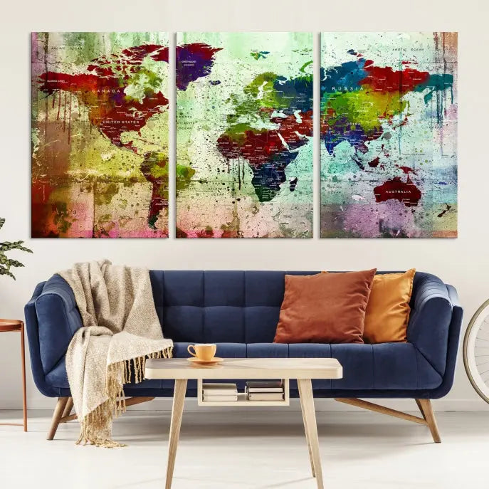 A vibrant Watercolor World Map Wall Art Canvas Print adorns the space above.