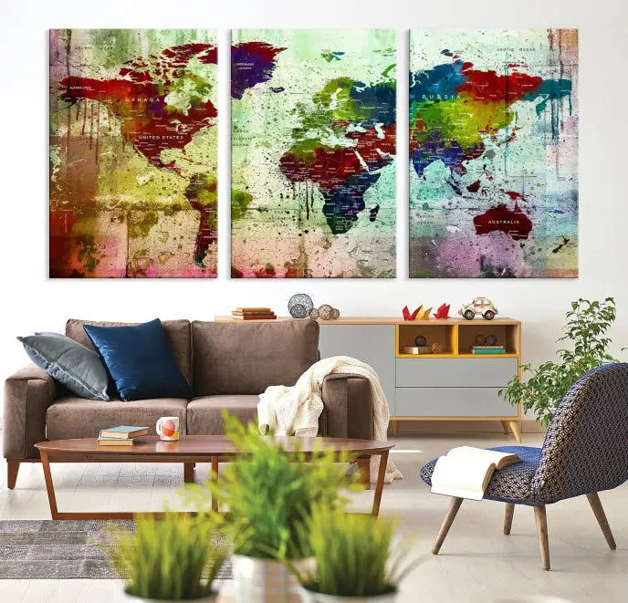 A vibrant Watercolor World Map Wall Art Canvas Print adorns the space above.