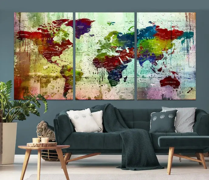 A vibrant Watercolor World Map Wall Art Canvas Print adorns the space above.