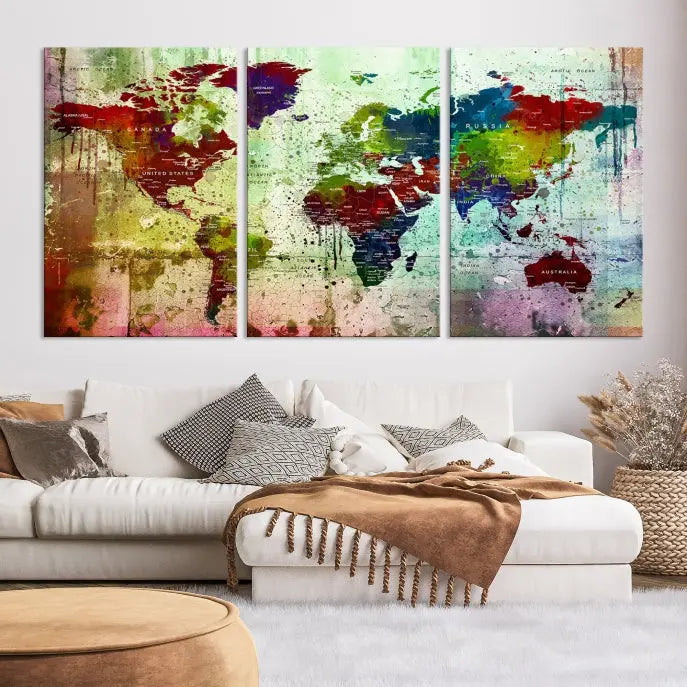 A vibrant Watercolor World Map Wall Art Canvas Print adorns the space above.