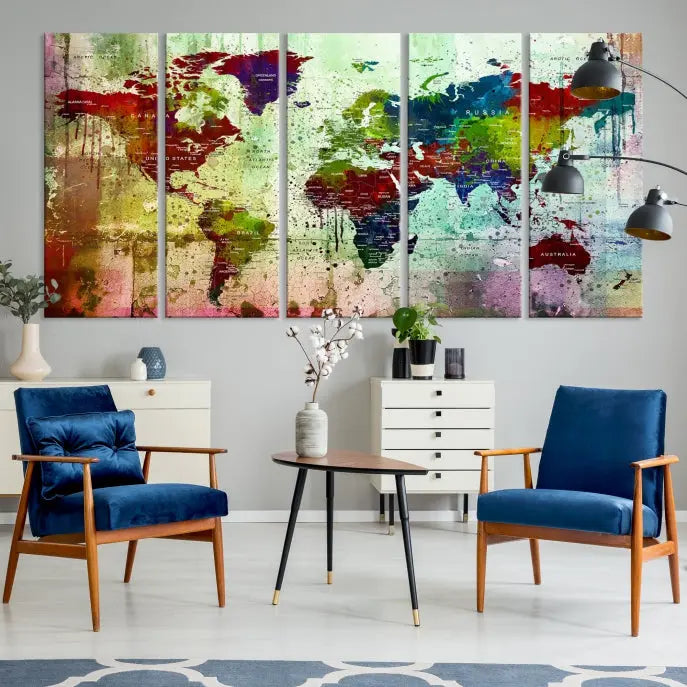 A vibrant Watercolor World Map Wall Art Canvas Print adorns the space above.