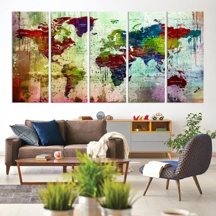 A vibrant Watercolor World Map Wall Art Canvas Print adorns the space above.