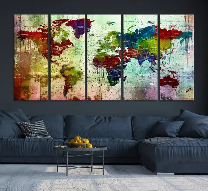 A vibrant Watercolor World Map Wall Art Canvas Print adorns the space above.