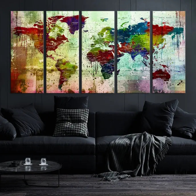 A vibrant Watercolor World Map Wall Art Canvas Print adorns the space above.