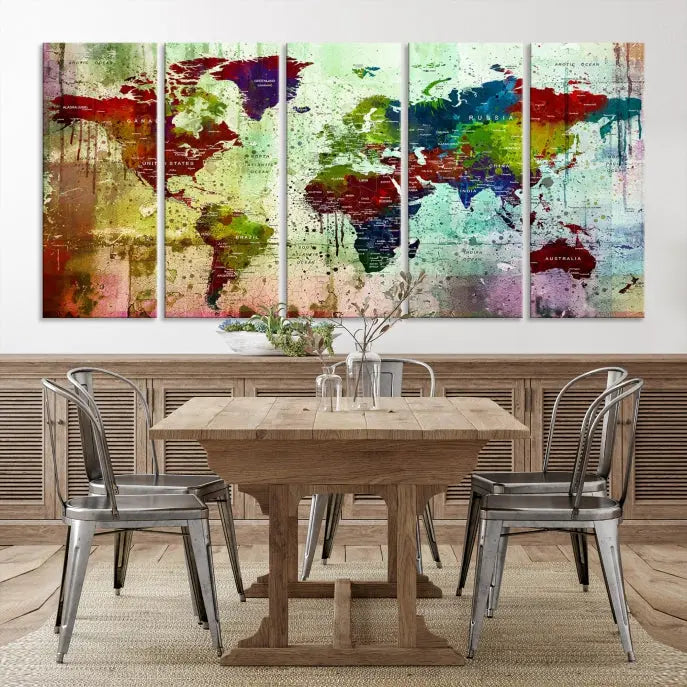 A vibrant Watercolor World Map Wall Art Canvas Print adorns the space above.