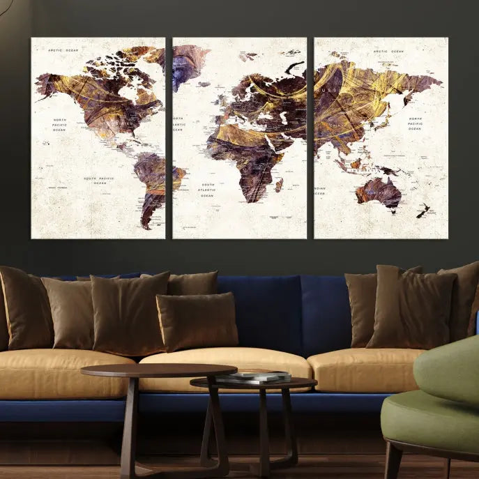 A Watercolor World Map Canvas Print, crafted with museum-quality polycotton canvas and featuring earthy tones, is professionally hand-assembled for a flawless finish. This art piece comes ready to hang, seamlessly merging art with elegance.