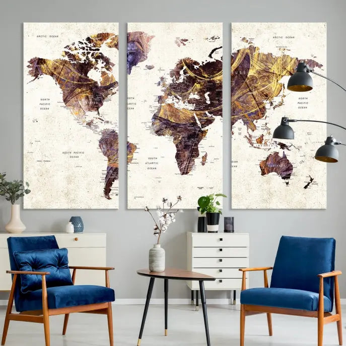 A Watercolor World Map Canvas Print, crafted with museum-quality polycotton canvas and featuring earthy tones, is professionally hand-assembled for a flawless finish. This art piece comes ready to hang, seamlessly merging art with elegance.