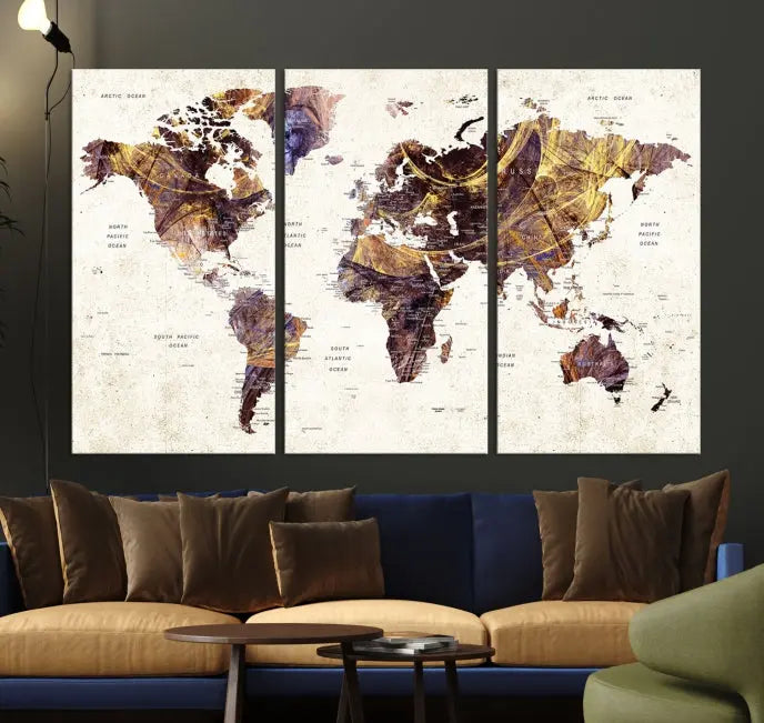 A Watercolor World Map Canvas Print, crafted with museum-quality polycotton canvas and featuring earthy tones, is professionally hand-assembled for a flawless finish. This art piece comes ready to hang, seamlessly merging art with elegance.