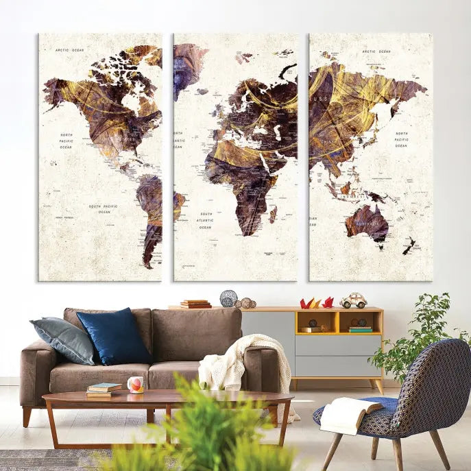 A Watercolor World Map Canvas Print, crafted with museum-quality polycotton canvas and featuring earthy tones, is professionally hand-assembled for a flawless finish. This art piece comes ready to hang, seamlessly merging art with elegance.