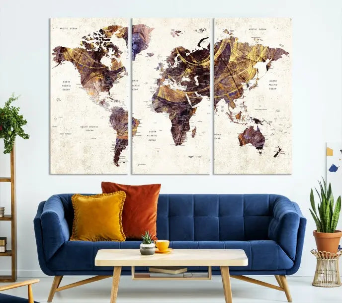 A Watercolor World Map Canvas Print, crafted with museum-quality polycotton canvas and featuring earthy tones, is professionally hand-assembled for a flawless finish. This art piece comes ready to hang, seamlessly merging art with elegance.